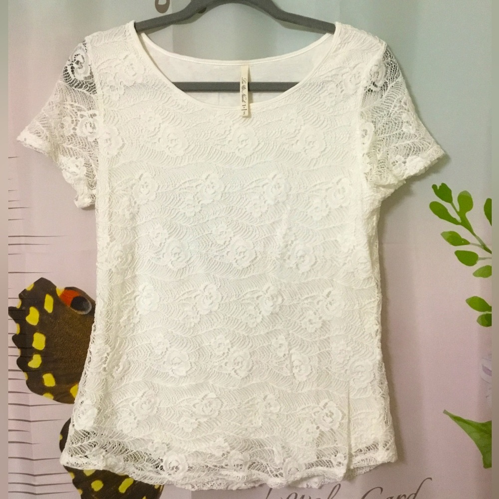 Leo & Nicole Shirt Womens White Floral Mesh Lace Top Blouse Size Small